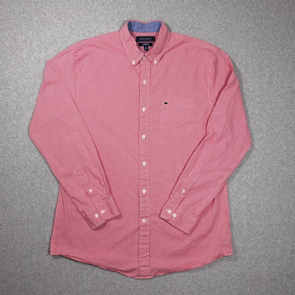 Crown & Ivy Mens Red White Gingham Button Down Shirt Classic Fit Medium Stretch